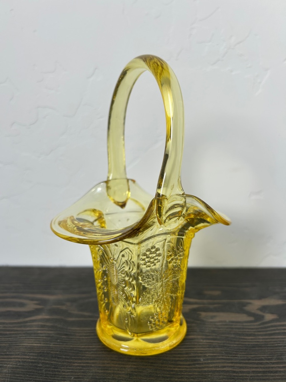 Vintage Fenton Amber Pressed Glass Butterflies and Berries Basket with Handle